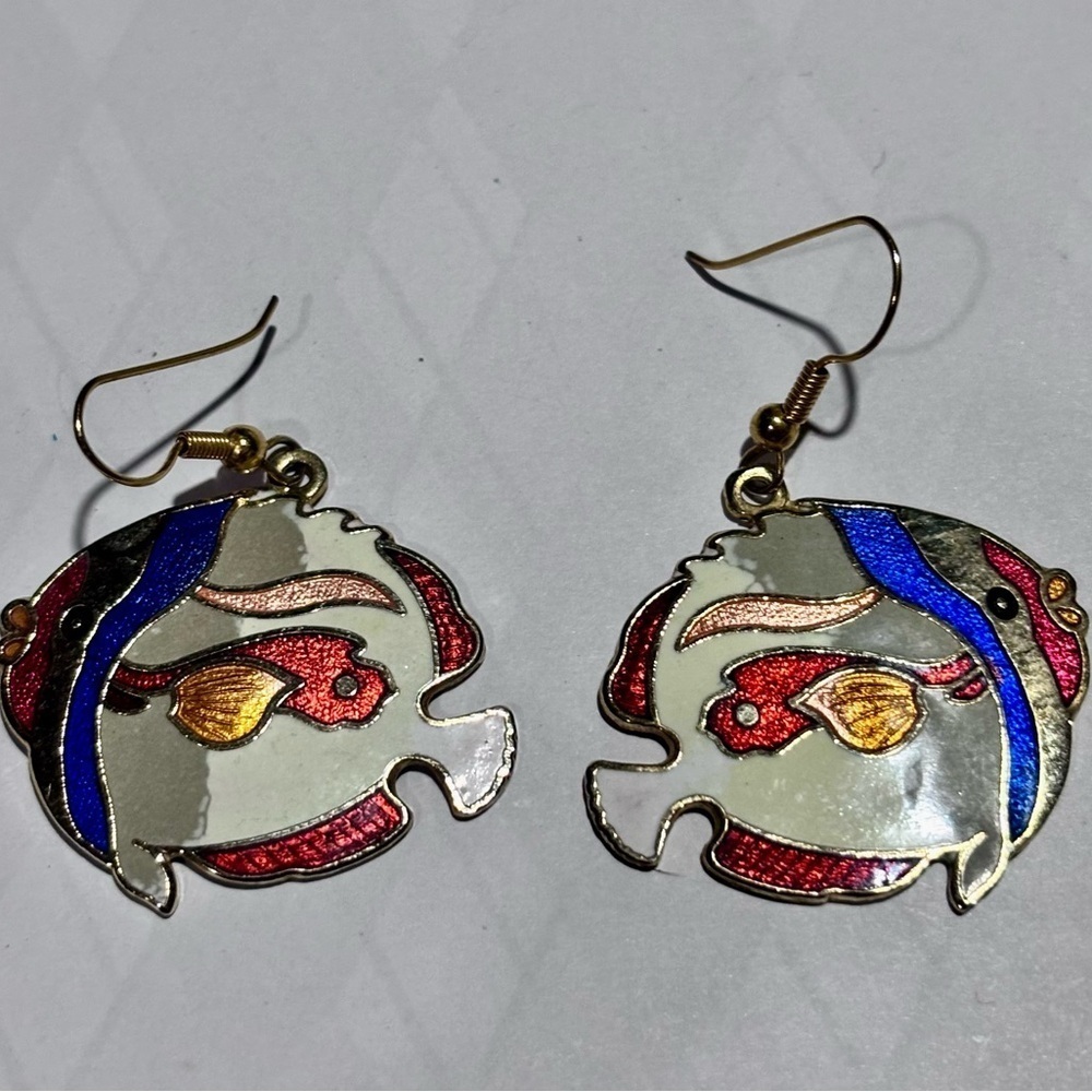 Gold Tone Wire Drop Dangle Multicolor Cloisonné Enamel Fish Fashion Earrings